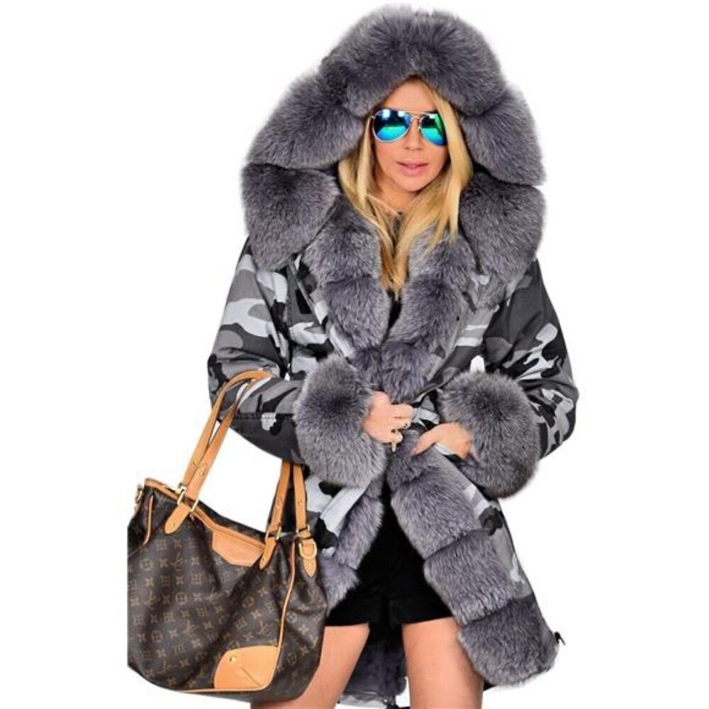 Roiii Women Thicken Warm Winter Coat Hood Down Parka Fleece Fur Outdoor